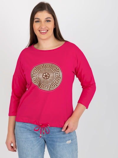 Fuksjowa bluzka plus size z nadrukiem i dżetami