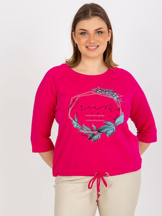 Fuksjowa bluzka plus size z napisem i aplikacją