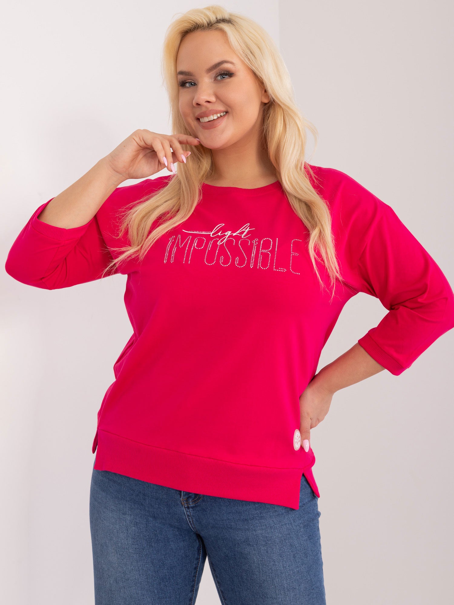 Fuksjowa damska bluzka plus size z rękawem 3/4