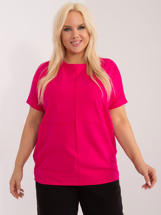Fuksjowa bawełniana bluzka plus size z krótkim rękawem