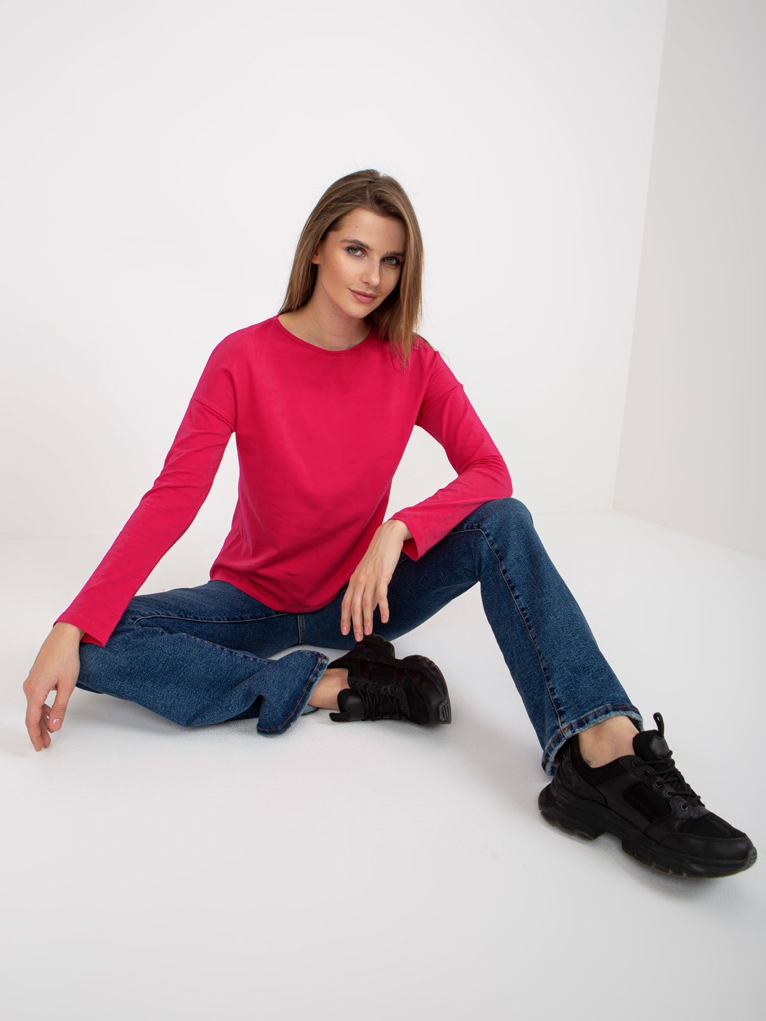 Fuksjowa bawełniana bluzka basic longsleeve