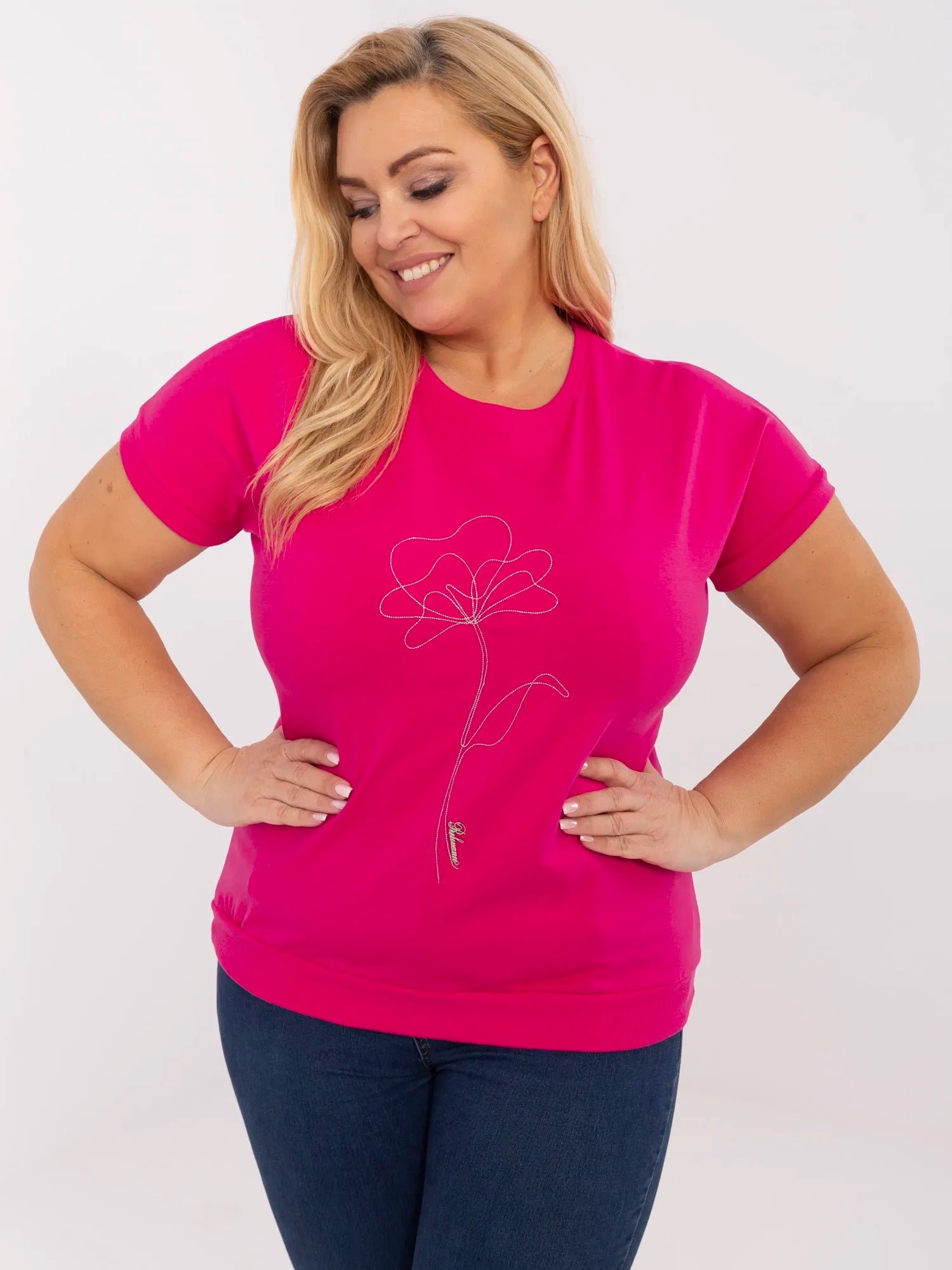 Fuksjowa damska bluzka plus size z aplikacjami