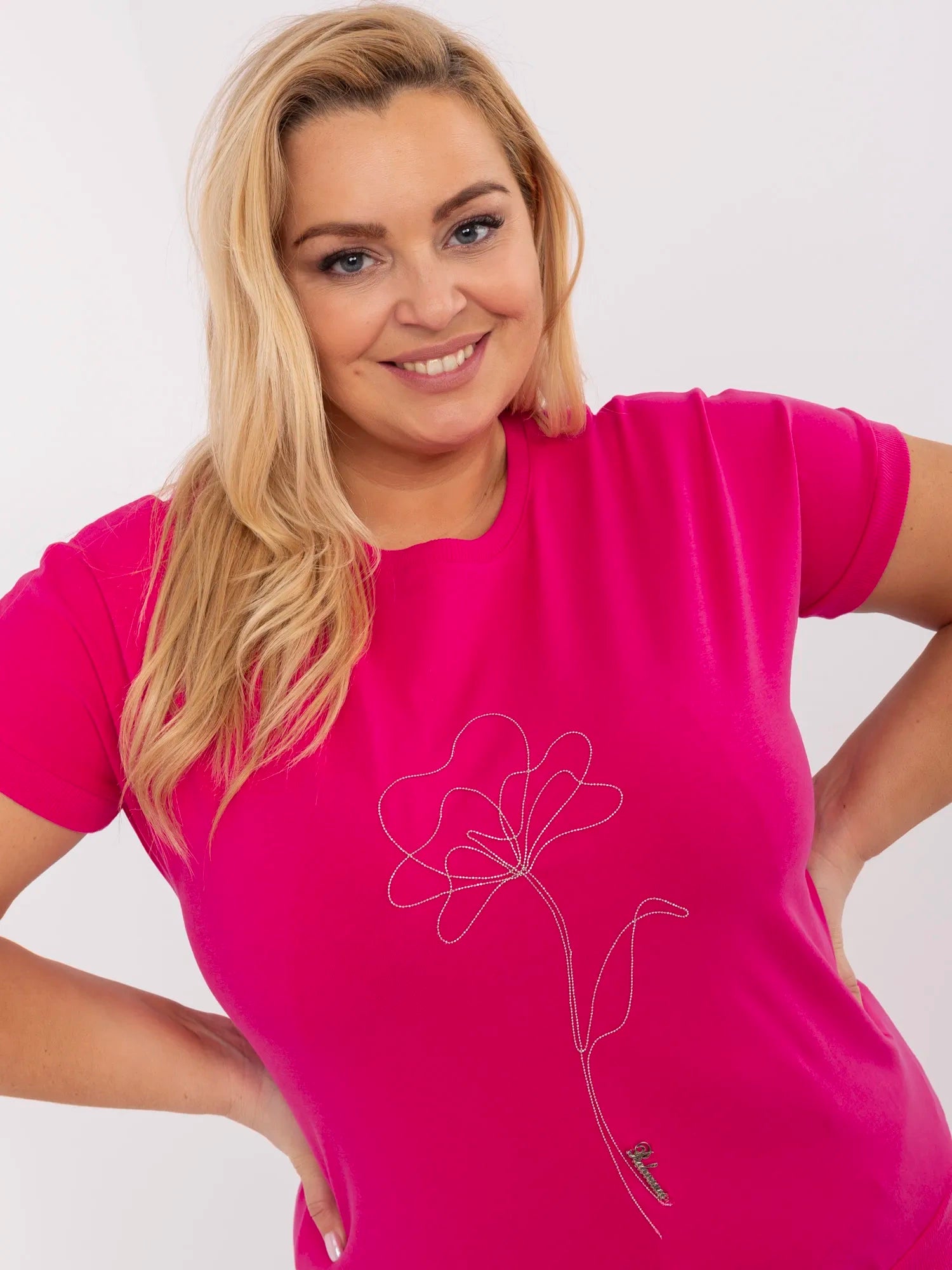 Fuksjowa damska bluzka plus size z aplikacjami