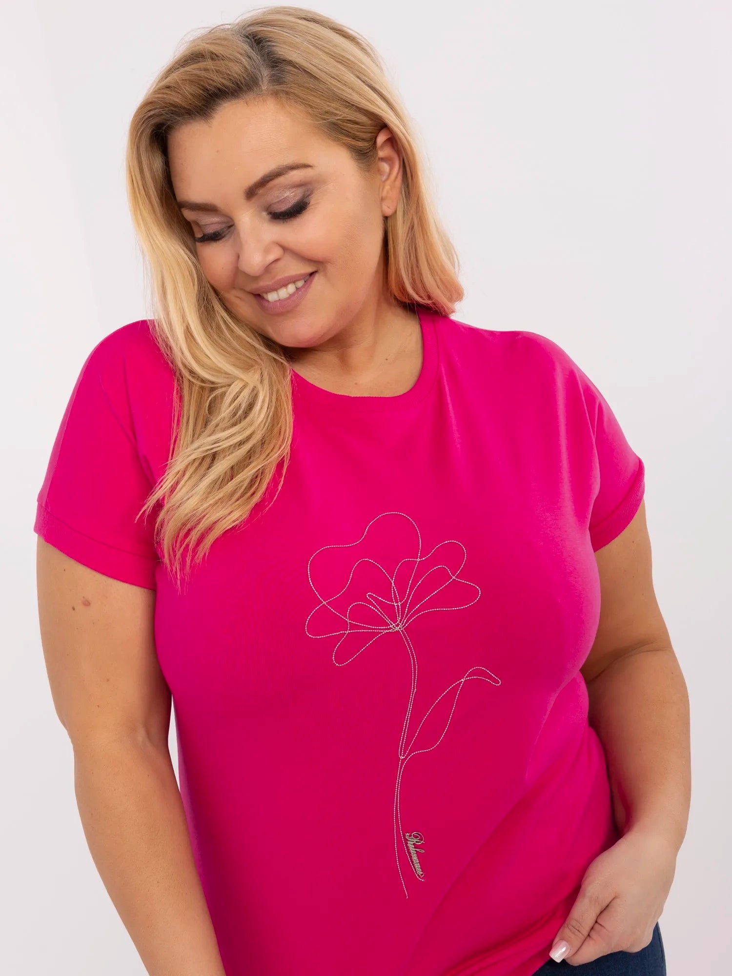 Fuksjowa damska bluzka plus size z aplikacjami