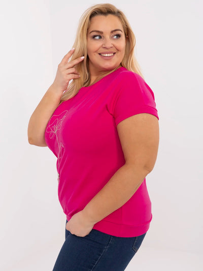 Fuksjowa damska bluzka plus size z aplikacjami