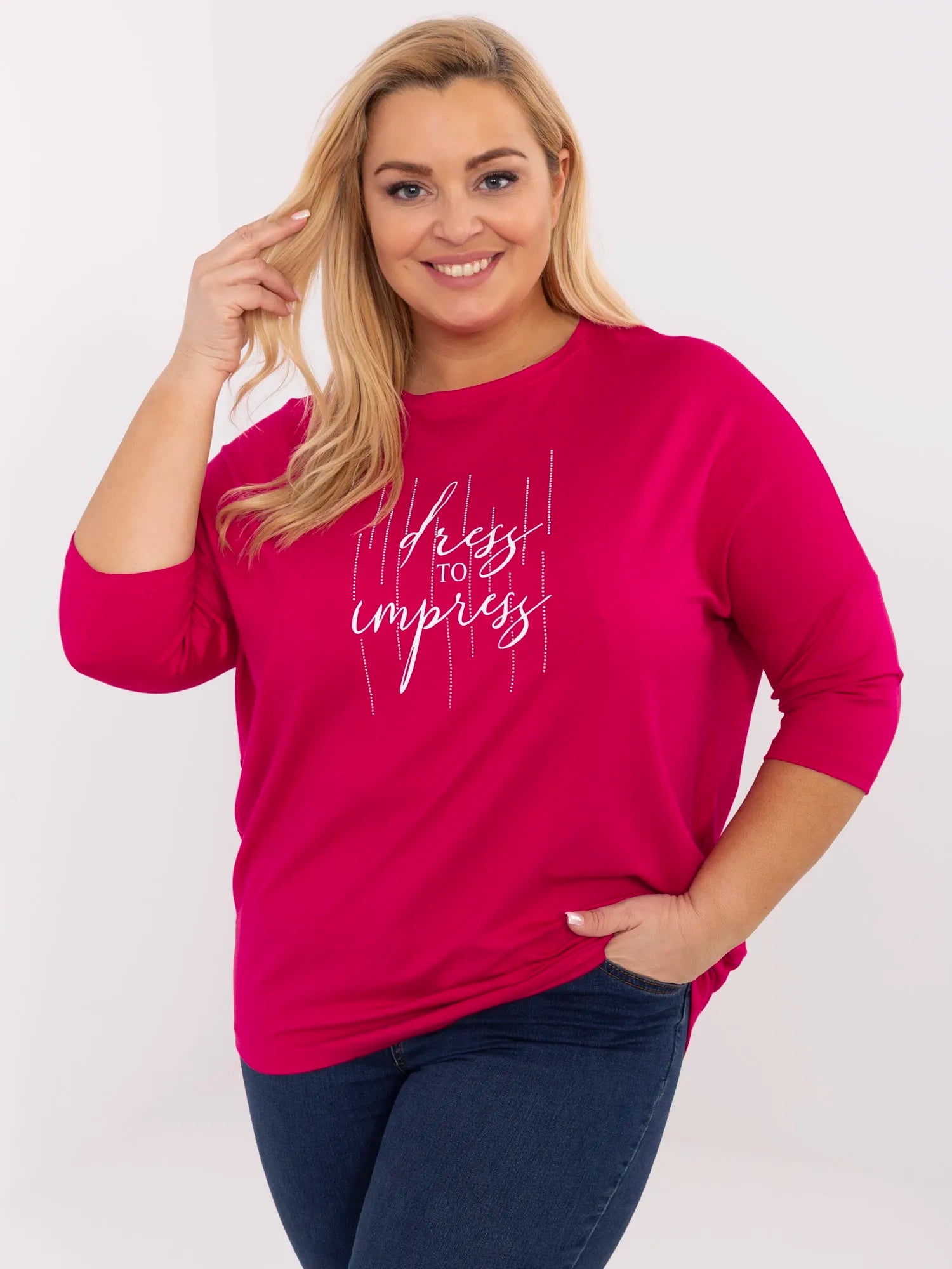 Fuksjowa damska bluzka plus size z aplikacjami