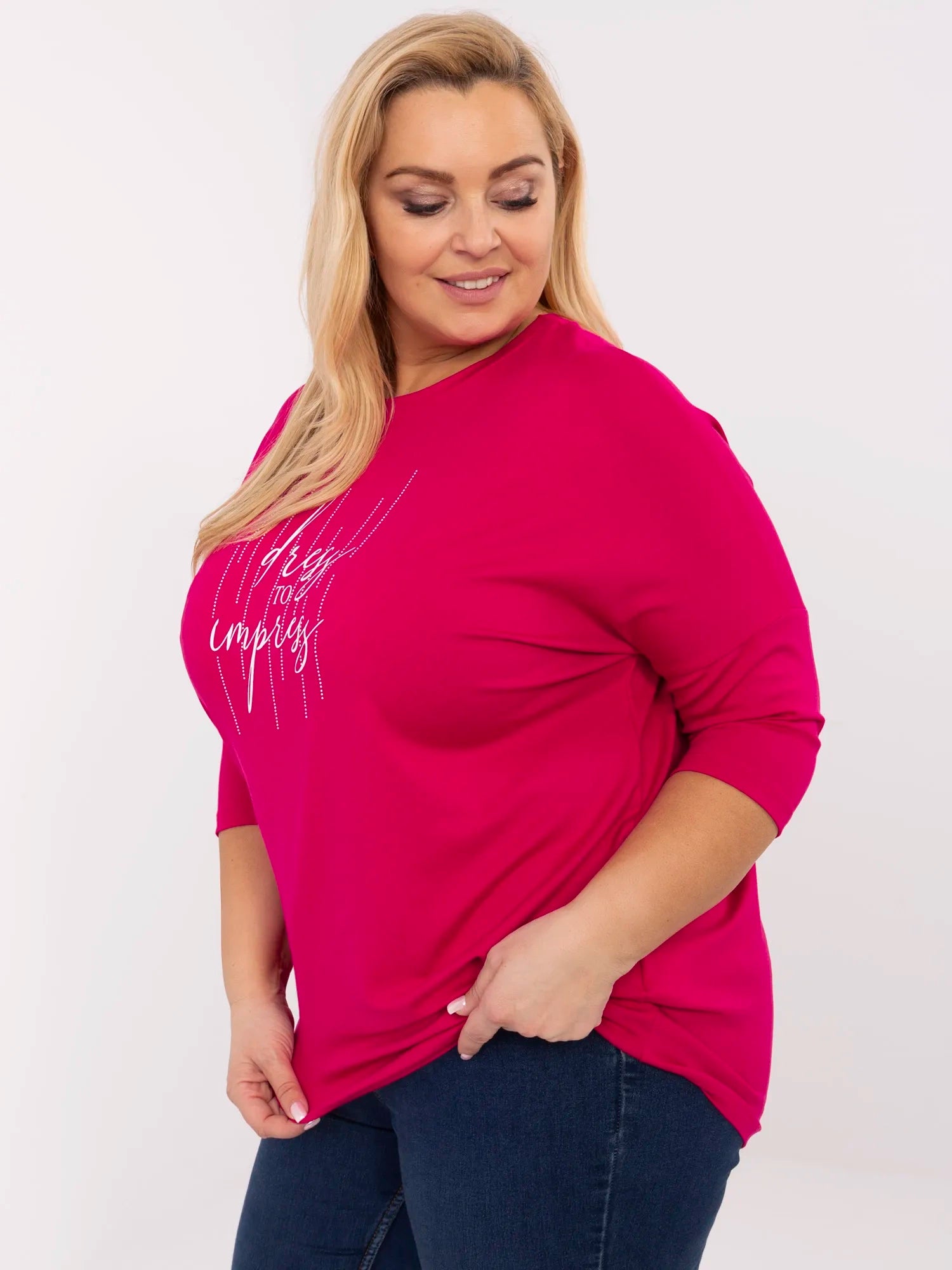 Fuksjowa damska bluzka plus size z aplikacjami