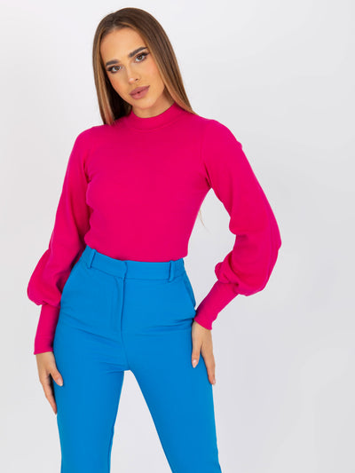 Fuksjowa prążkowana bluzka basic z bawełny Lauren RUE PARIS