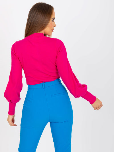 Fuksjowa prążkowana bluzka basic z bawełny Lauren RUE PARIS
