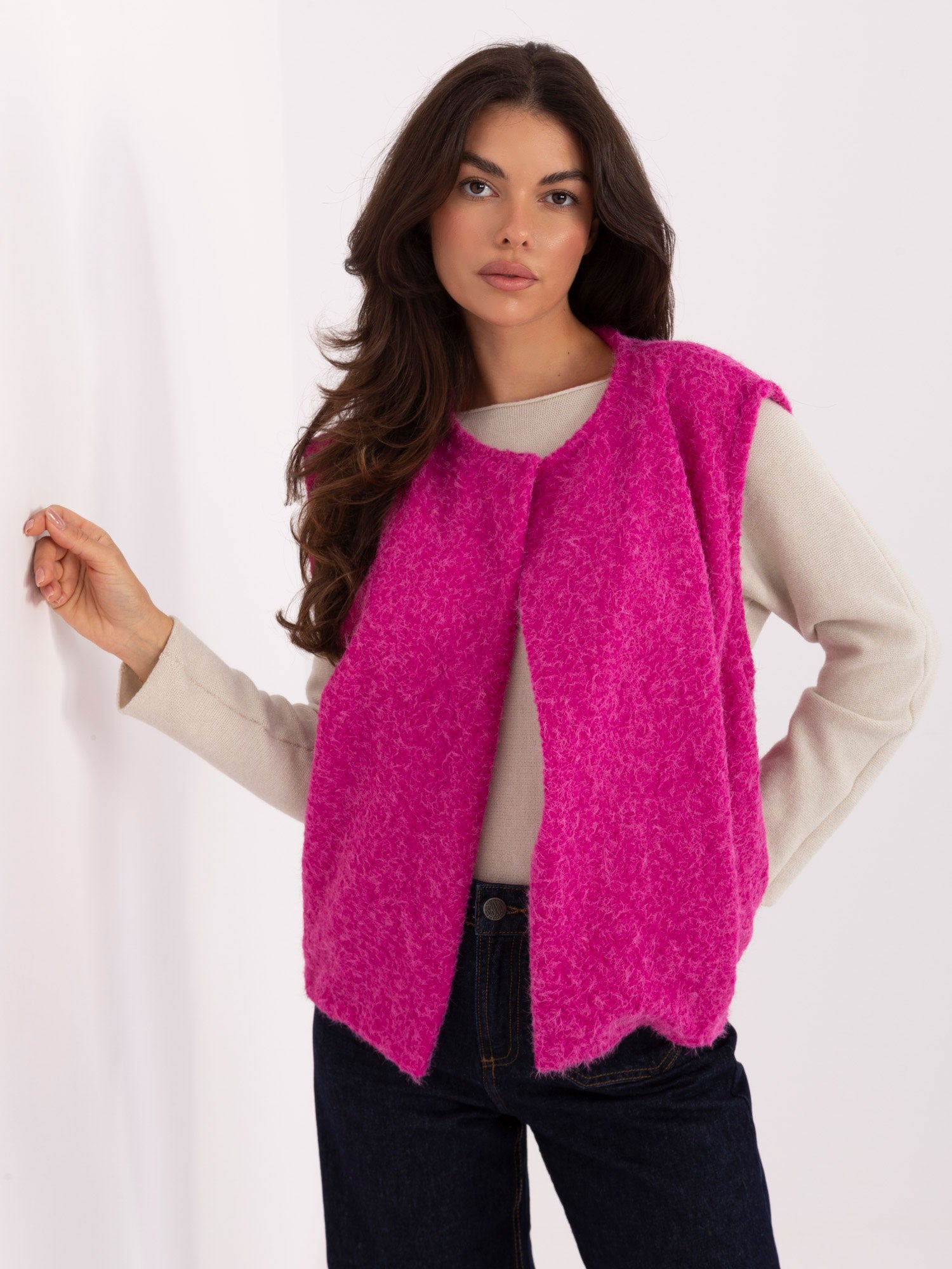 RUE PARIS Fuksjowa włochata kamizelka damska