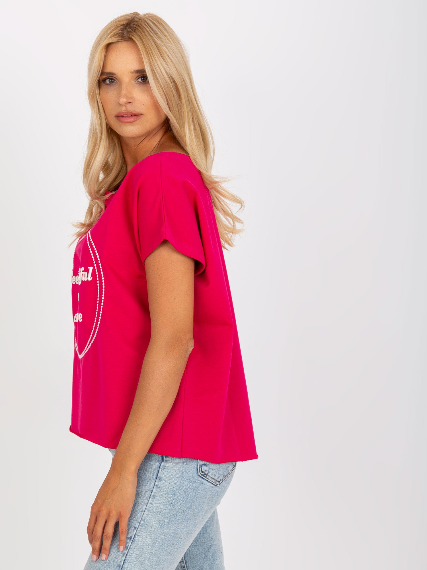 Fuksjowa luźna bluzka one size z haftem