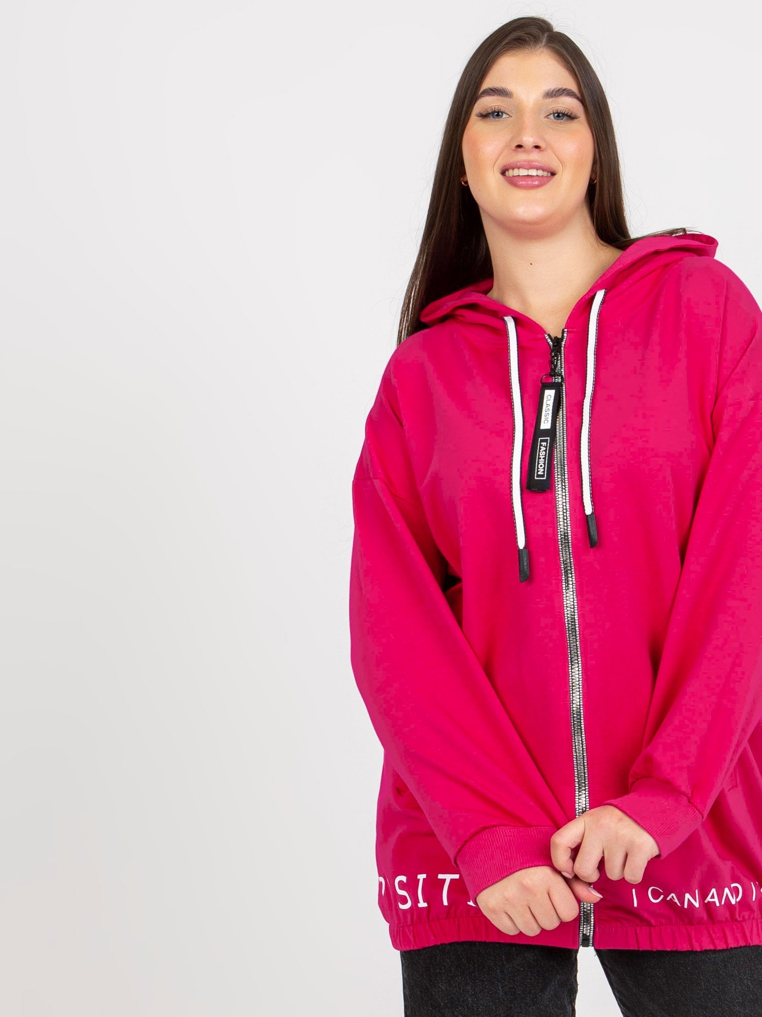 Fuksjowa rozpinana bluza plus size z kapturem