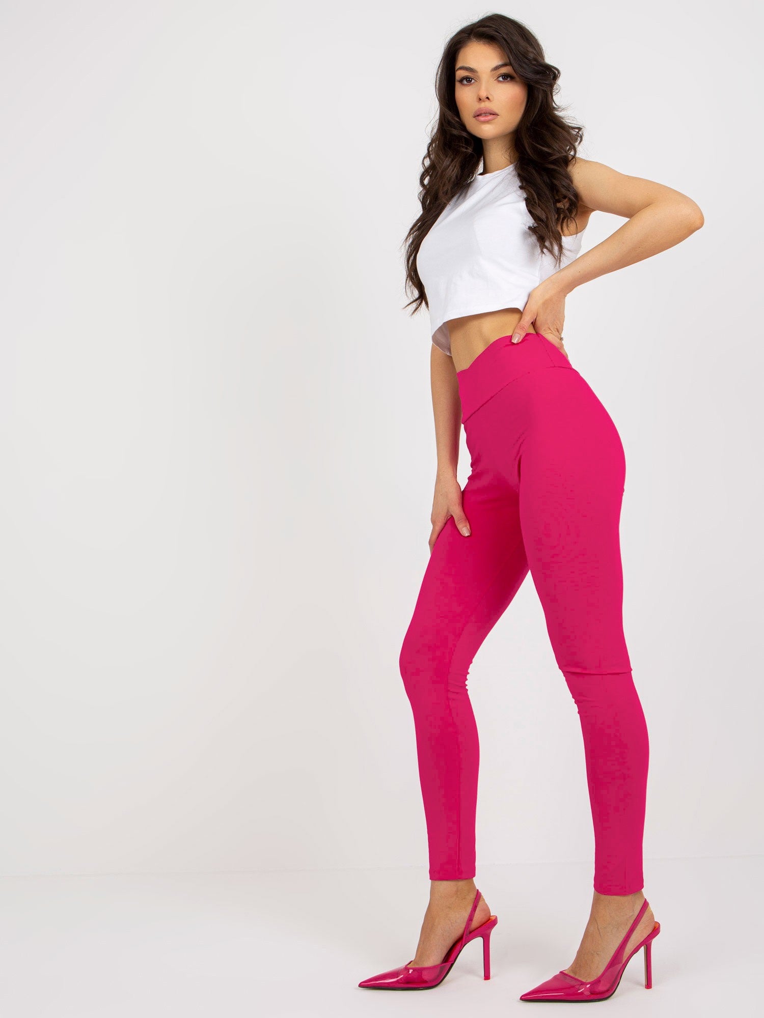 Fuksjowe damskie legginsy basic z kopertową talią