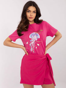 Fuksjowy bawełniany t-shirt z nadrukiem