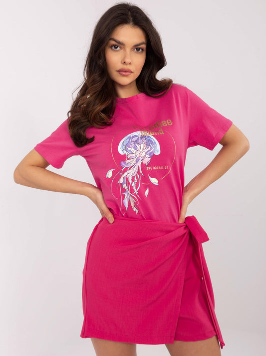 Fuksjowy bawełniany t-shirt z nadrukiem