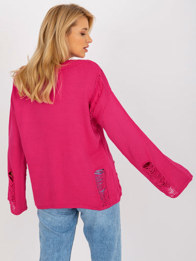 Fuksjowy damski sweter oversize z dziurami z wełną