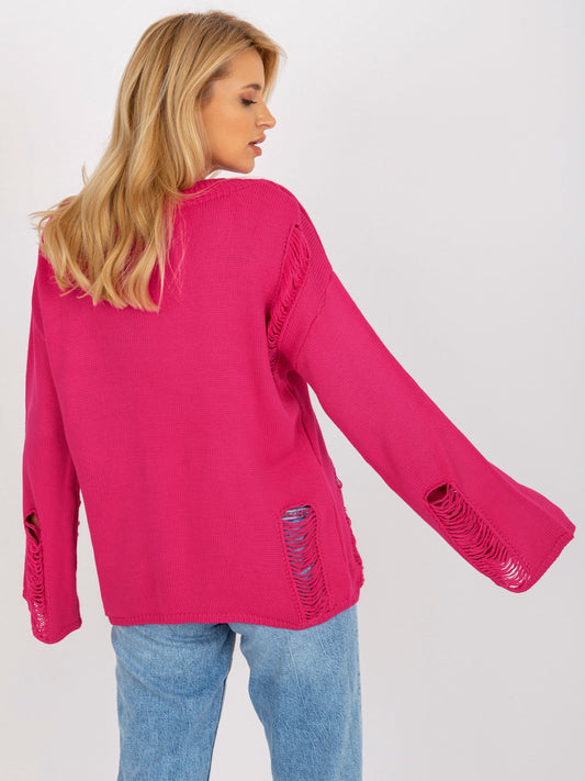 Fuksjowy damski sweter oversize z dziurami z wełną