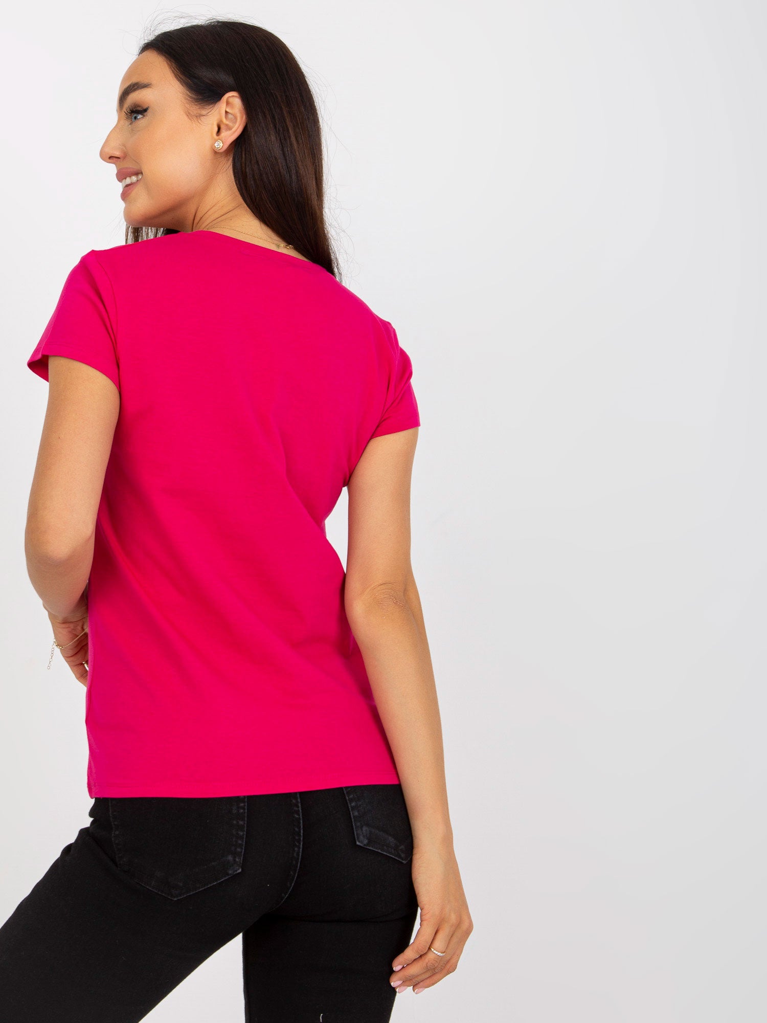 Fuksjowy damski t-shirt basic z okrągłym dekoltem