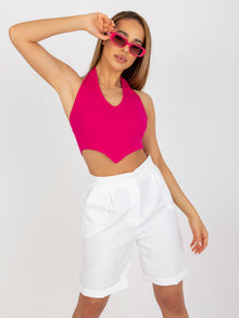 Fuksjowy prążkowany crop top basic na szyję RUE PARIS