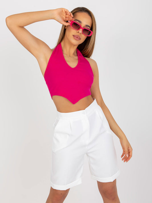 Fuksjowy prążkowany crop top basic na szyję RUE PARIS