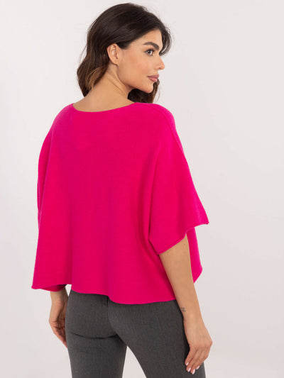 Fuksjowy damski sweter oversize z rękawem 3/4