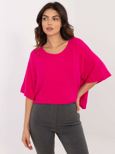 Fuksjowy damski sweter oversize z rękawem 3/4
