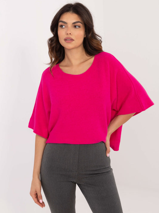 Fuksjowy damski sweter oversize z rękawem 3/4