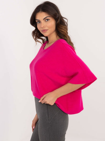 Fuksjowy damski sweter oversize z rękawem 3/4