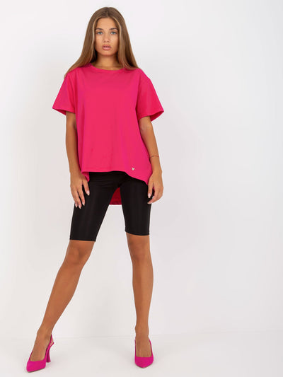 Fuksjowy asymetryczny t-shirt basic z bawełny