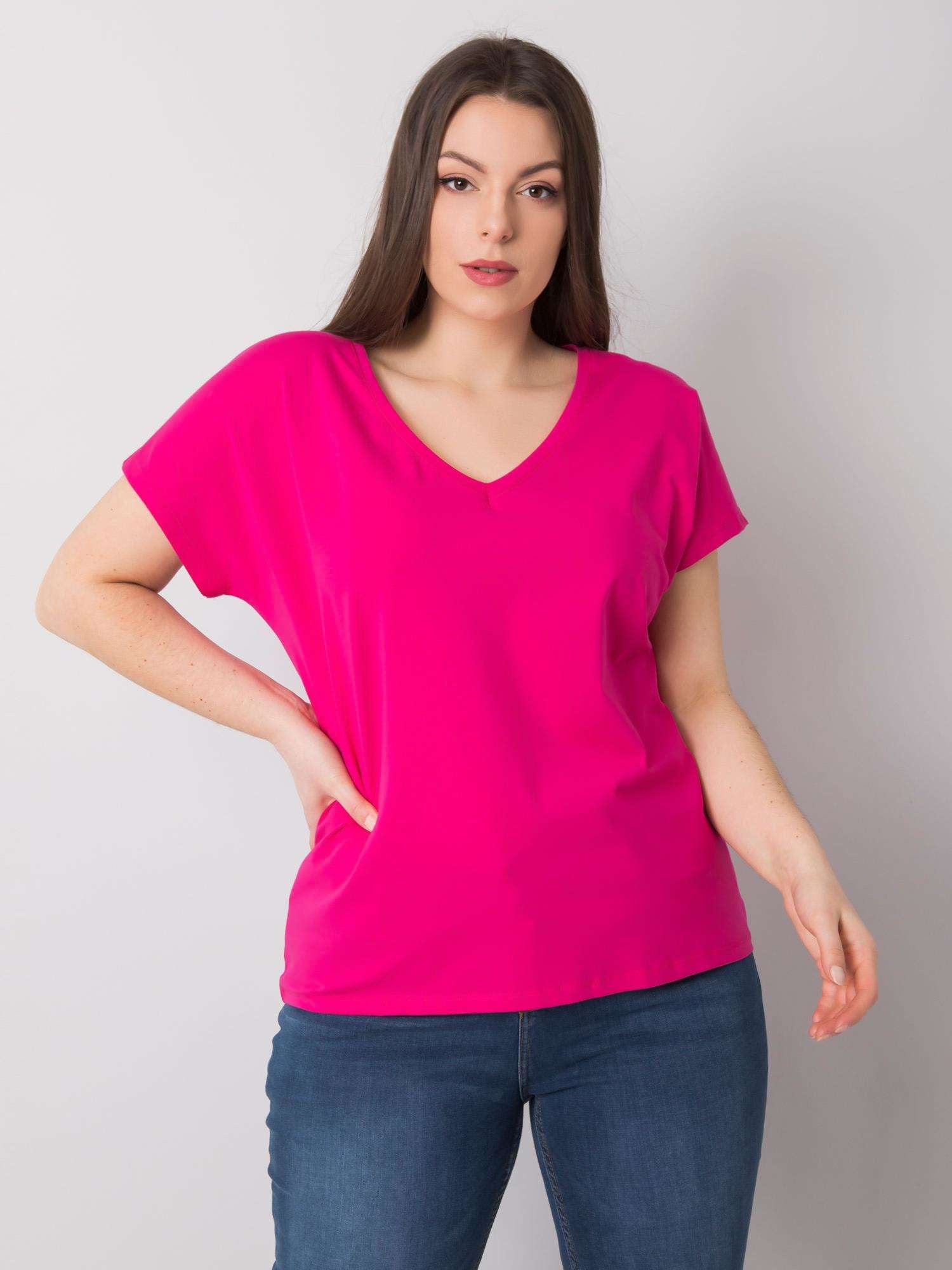 Fuksjowy t-shirt damski plus size z dekoltem w serek