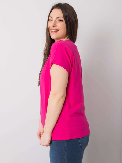 Fuksjowy t-shirt damski plus size z dekoltem w serek