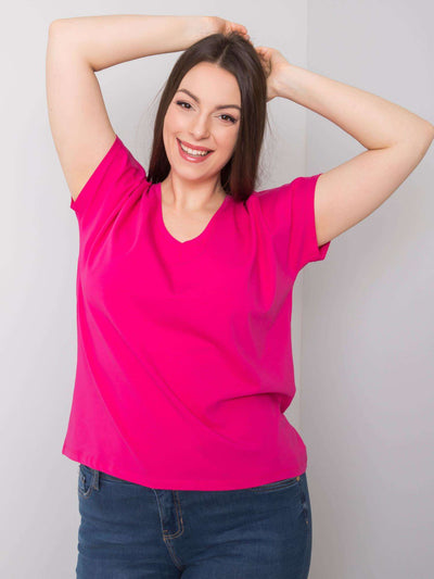 Fuksjowy t-shirt damski plus size z dekoltem w serek