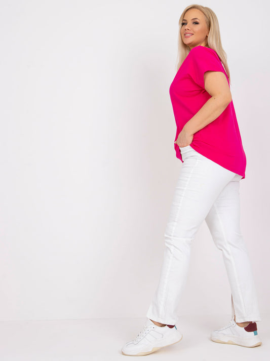 Fuksjowy t-shirt damski plus size z dekoltem w serek