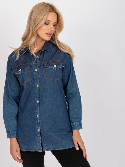 RUE PARIS Niebieska koszula damska z kieszeniami