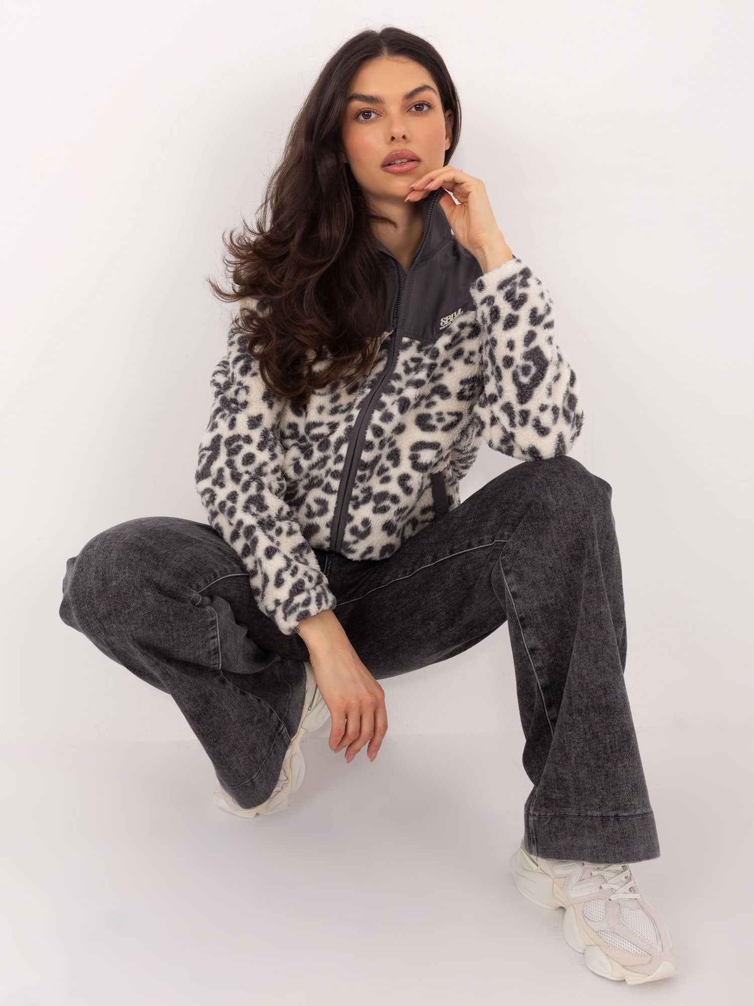SUBLEVEL Grafitowa polarowa kurtka w panterkę