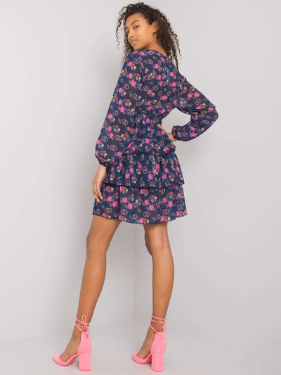 RUE PARIS Granatowa sukienka damska z printami