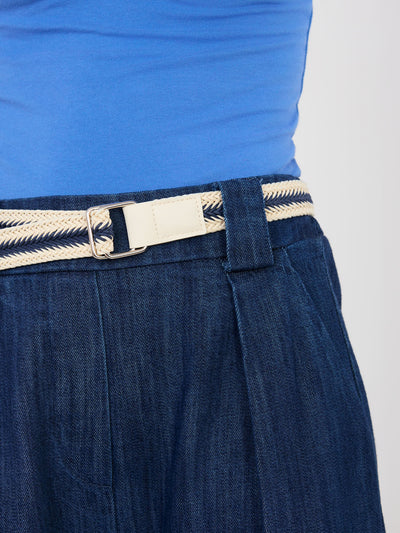 RUE PARIS Granatowe jeansy wide leg z nogawką 7/8