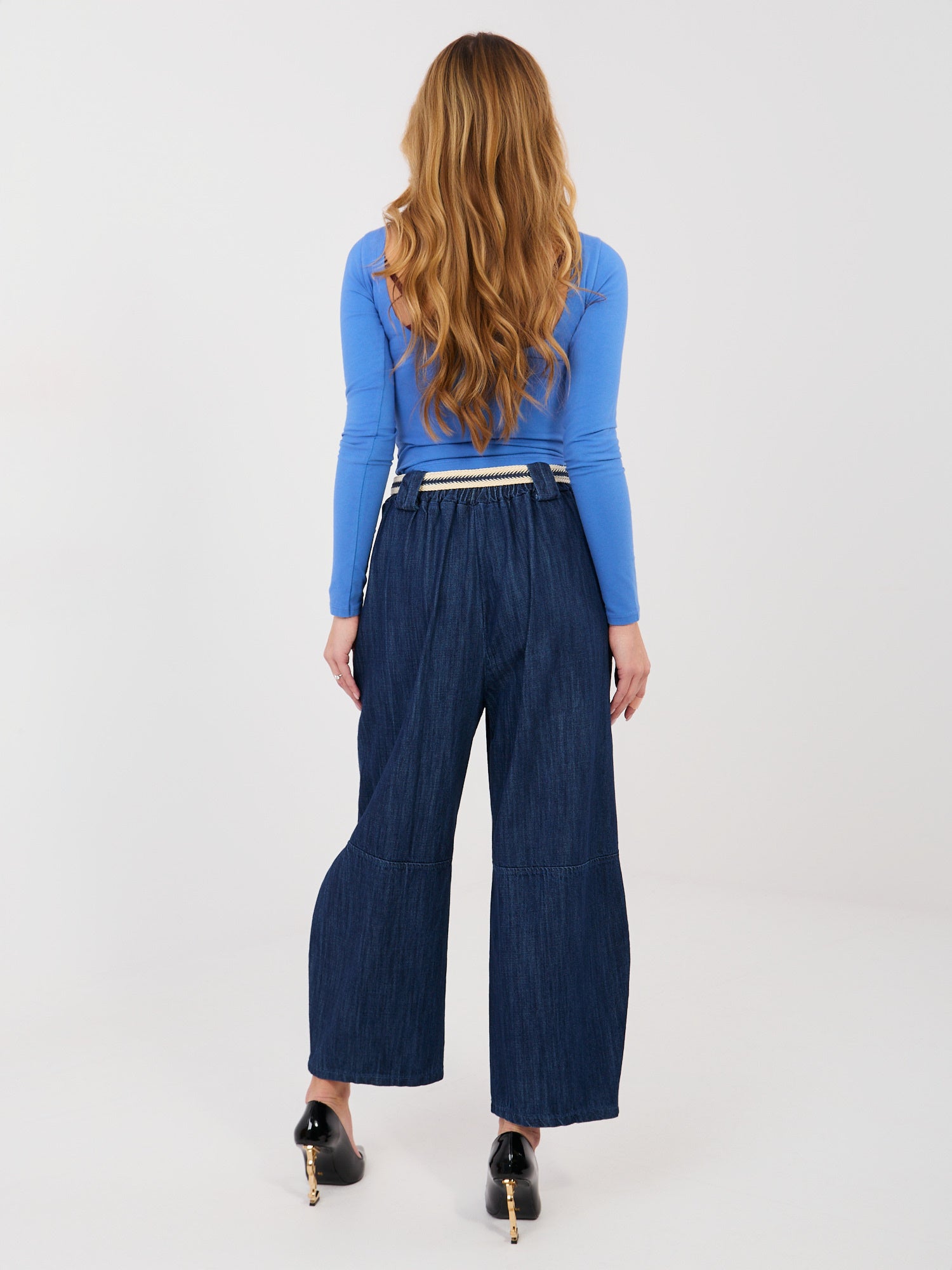 RUE PARIS Granatowe jeansy wide leg z nogawką 7/8