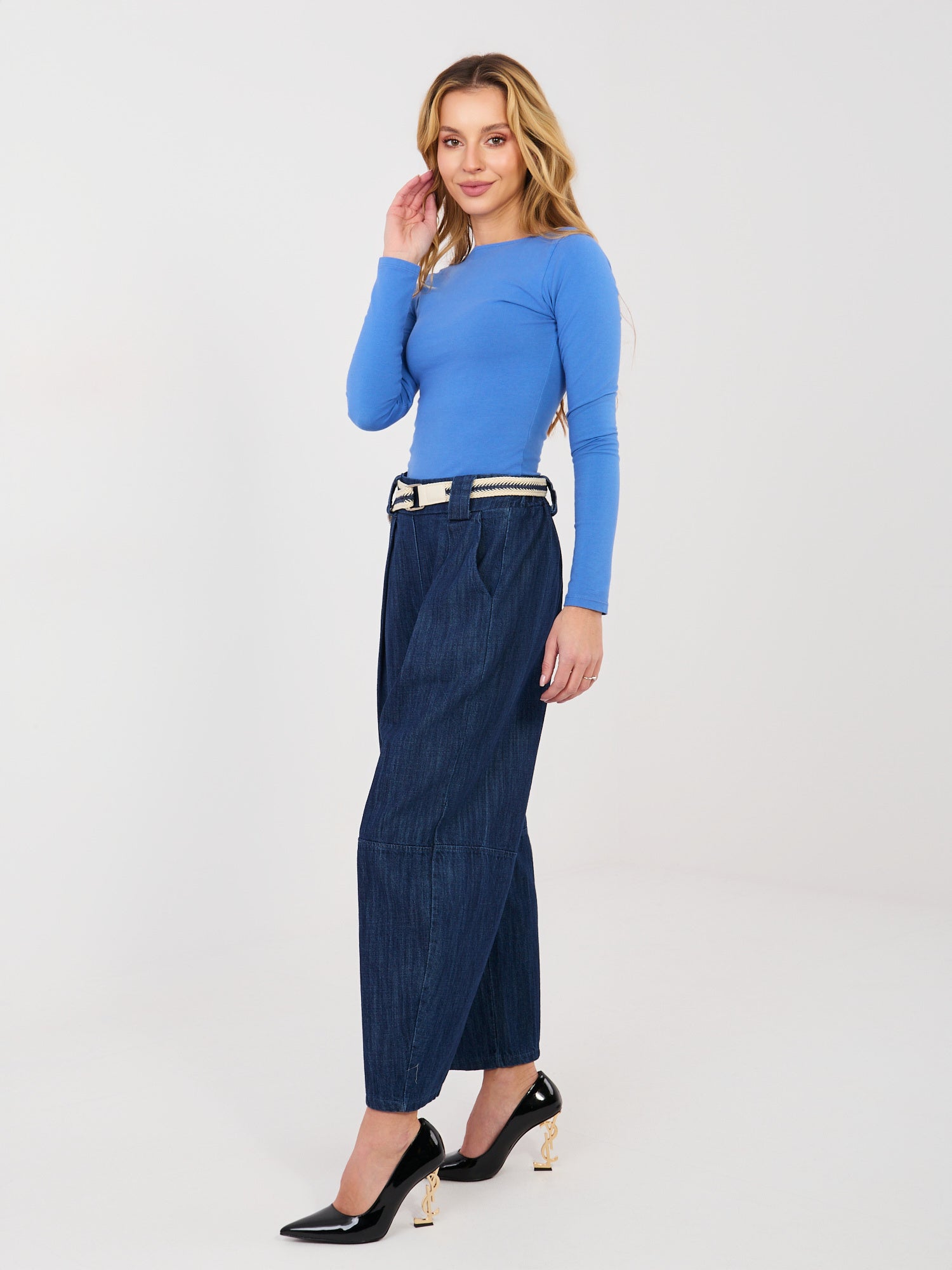 RUE PARIS Granatowe jeansy wide leg z nogawką 7/8