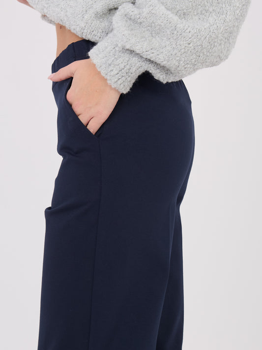 RUE PARIS Granatowe spodnie wide leg w kant