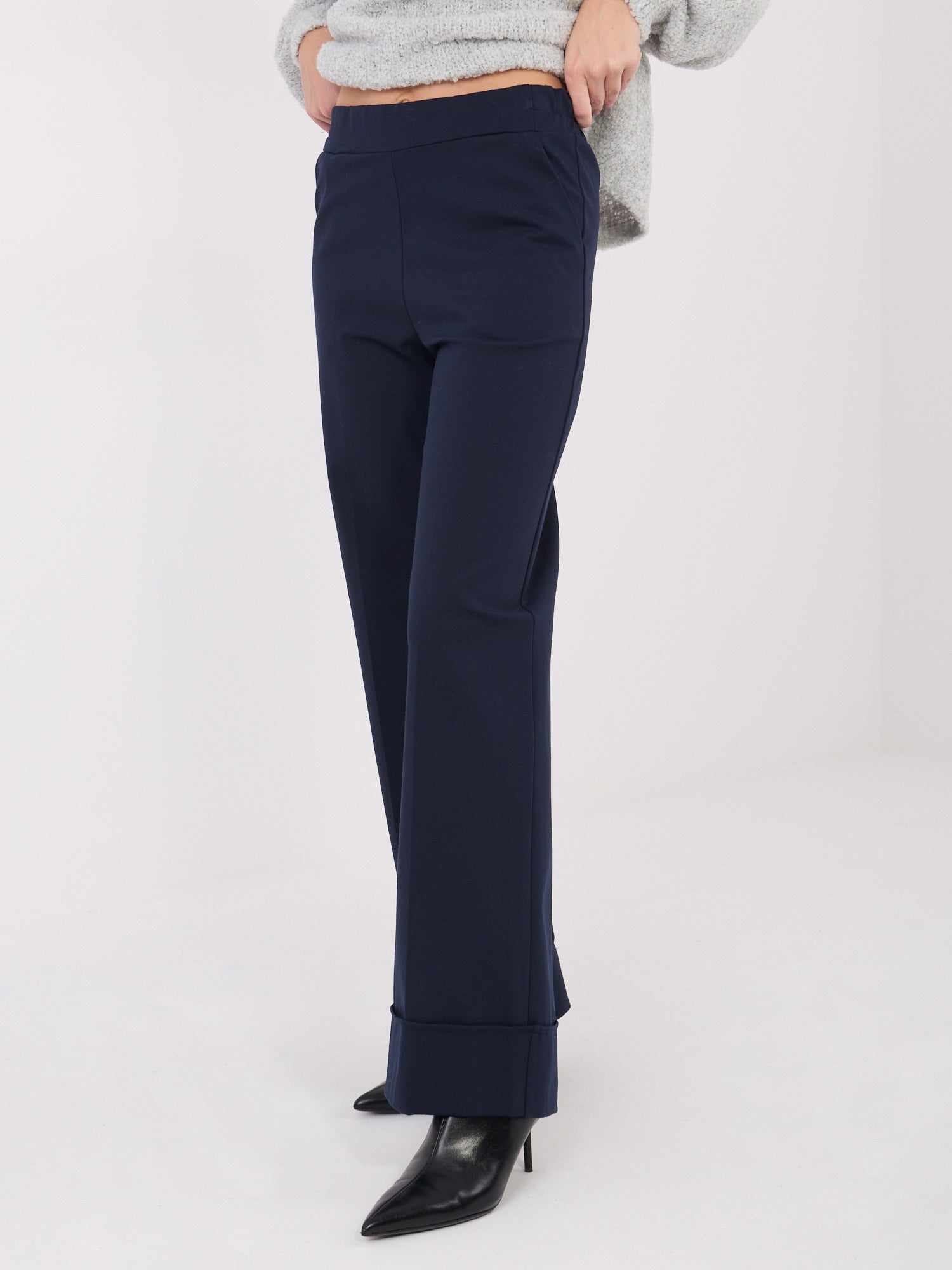 RUE PARIS Granatowe spodnie wide leg w kant