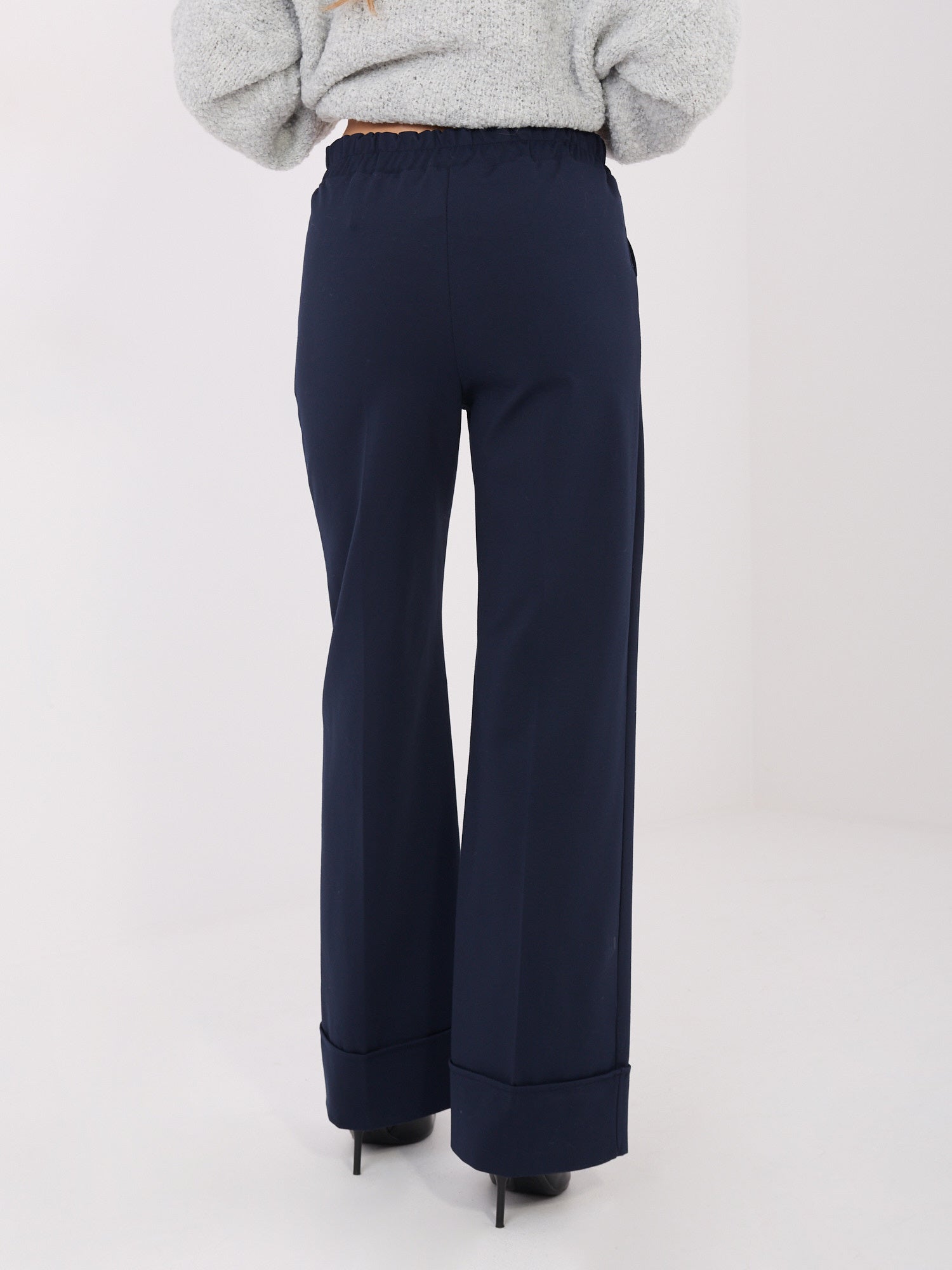 RUE PARIS Granatowe spodnie wide leg w kant