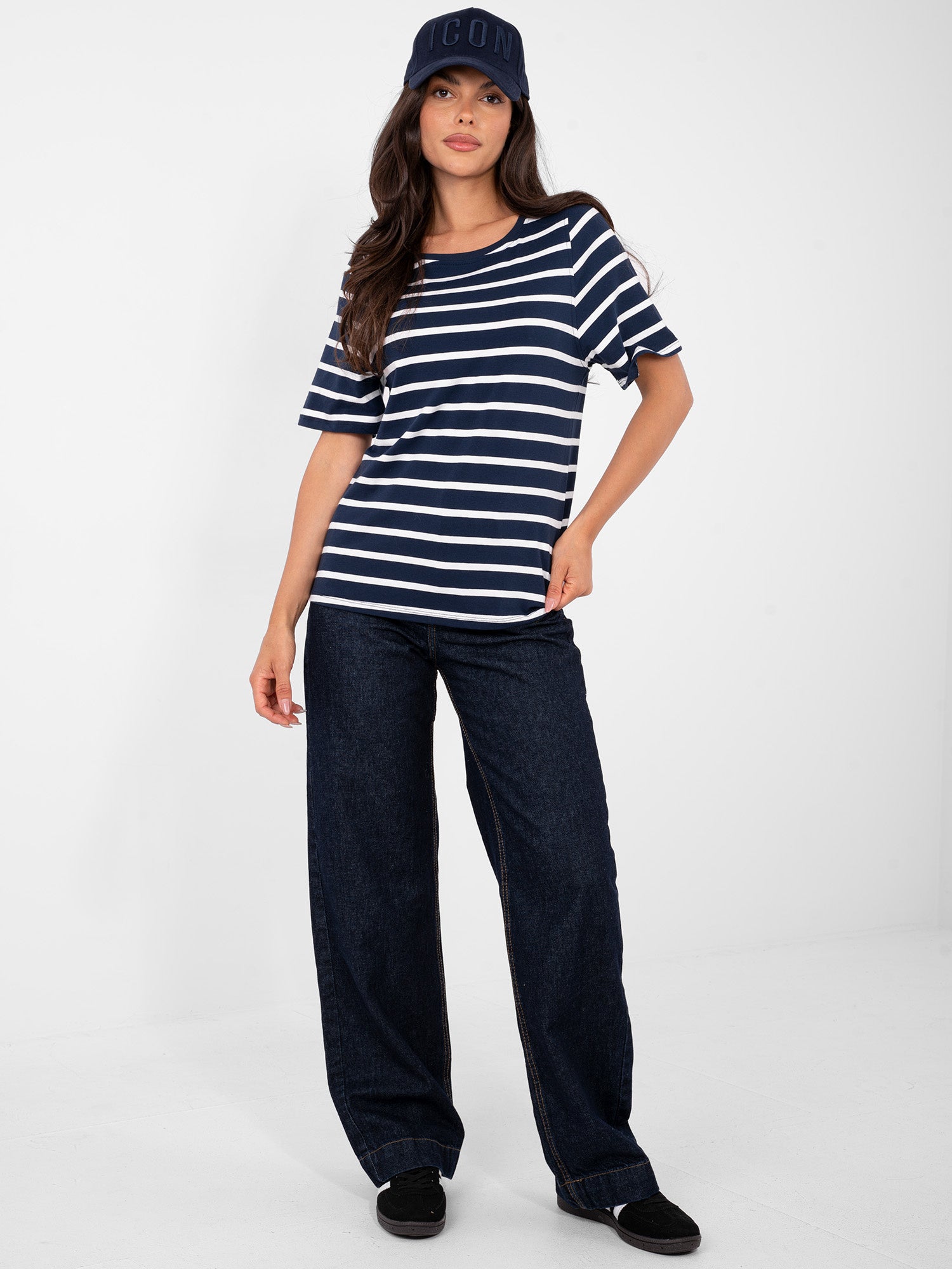 RUE PARIS Granatowo-biały damski t-shirt basic w paski
