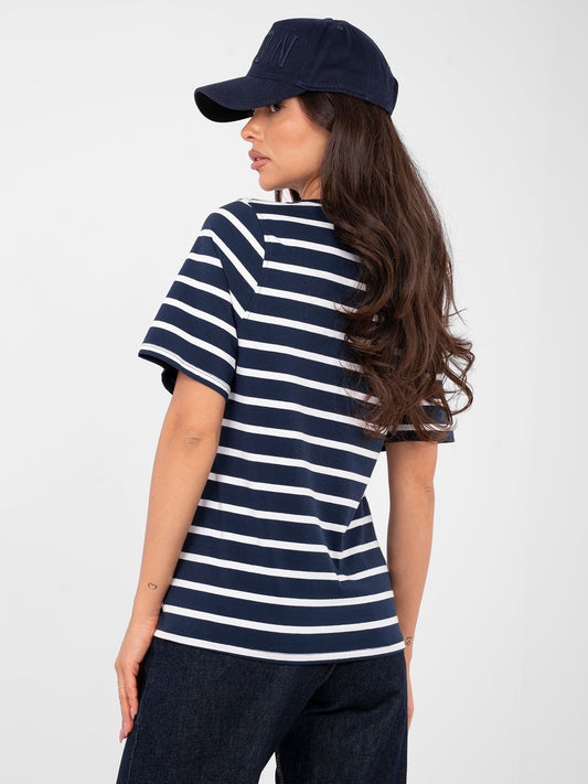 RUE PARIS Granatowo-biały damski t-shirt basic w paski