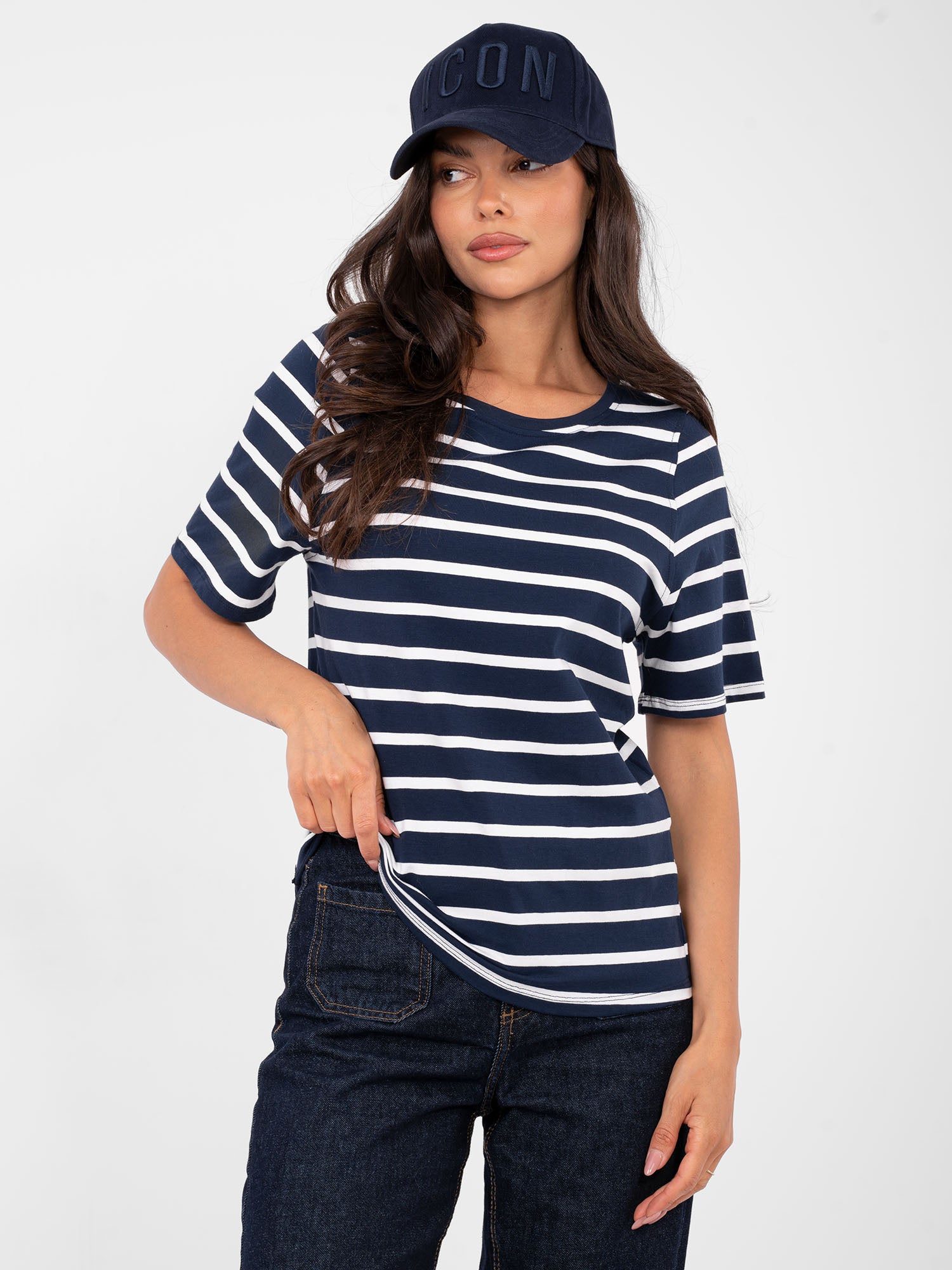 RUE PARIS Granatowo-biały damski t-shirt basic w paski