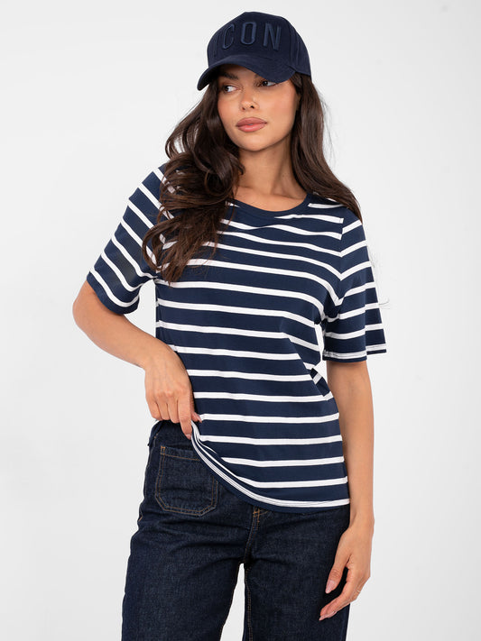 RUE PARIS Granatowo-biały damski t-shirt basic w paski