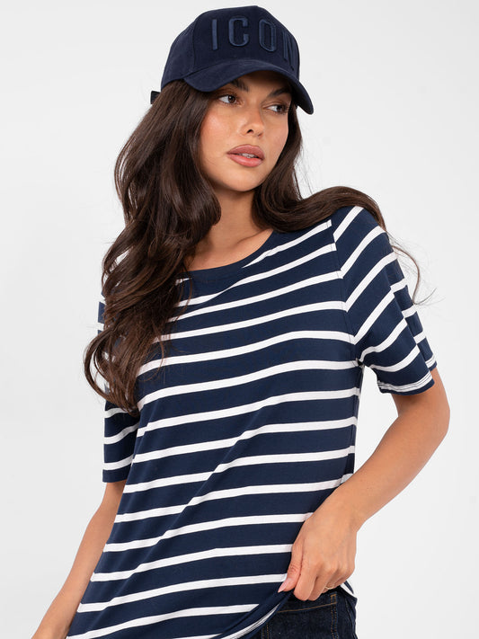 RUE PARIS Granatowo-biały damski t-shirt basic w paski