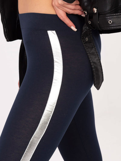 RUE PARIS Granatowo-srebrne legginsy