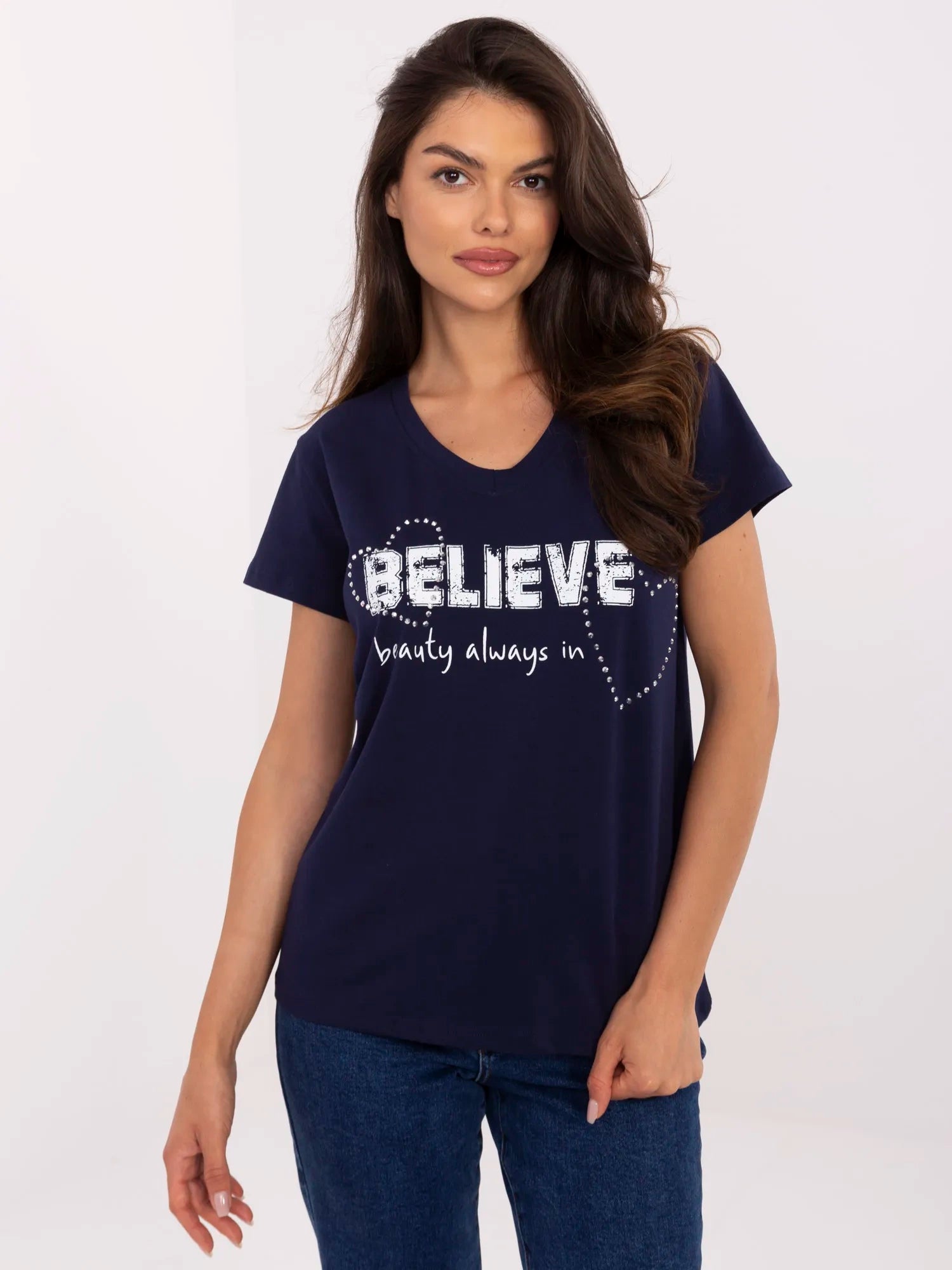 Granatowy damski t-shirt z nadrukiem