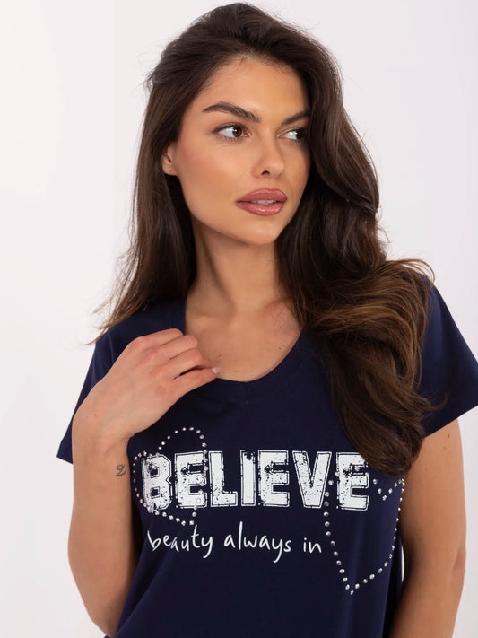 Granatowy damski t-shirt z nadrukiem